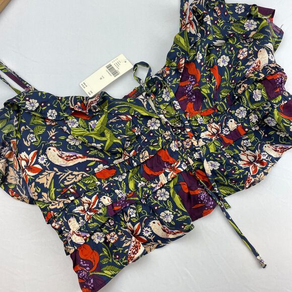 ~ Anthropologie M Silky Cami Boho Botanical Birds Floral Strappy Sleeveless Blue - Picture 9 of 14